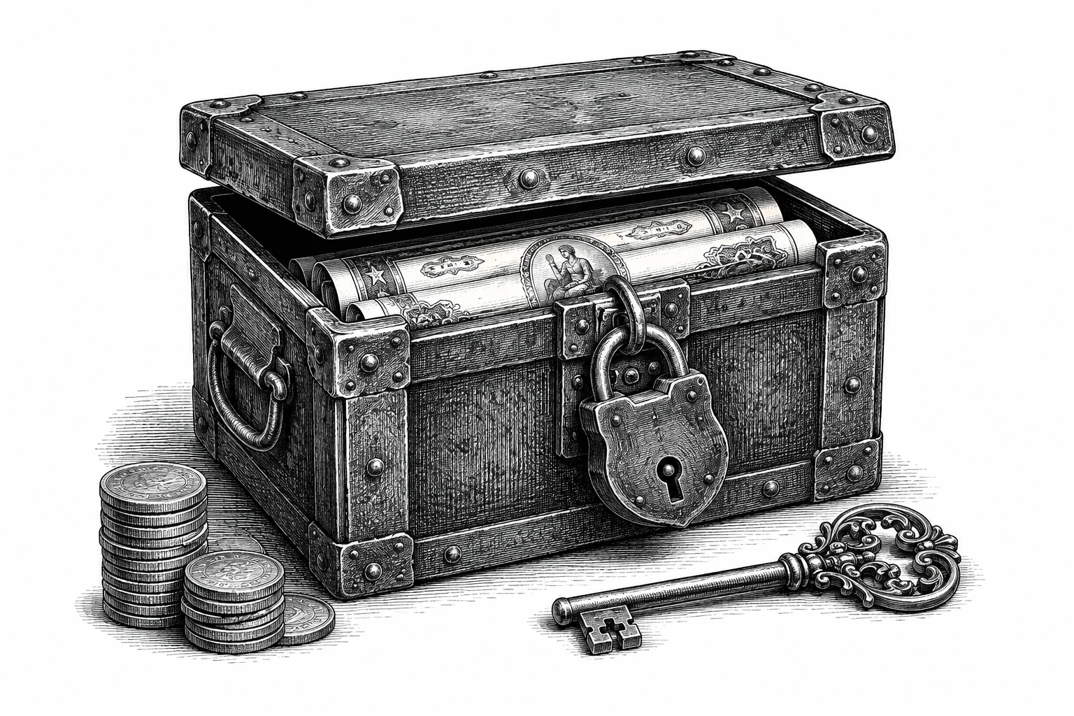 Engraving of a chest holding certificates, with coins, a padlock and a key